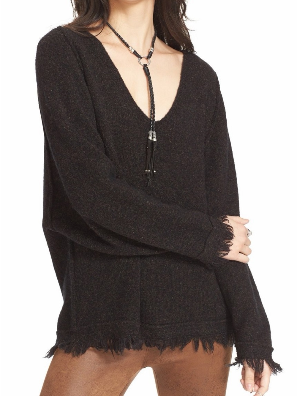 Free People Black Irristable fringe trim v neck sweater size XS